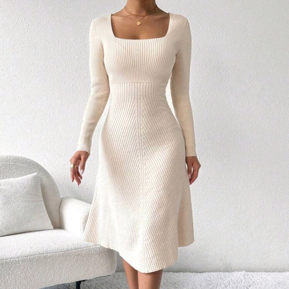 Solid Color Square Collar Ribbed Knit Casual Long Sleeve Dress - Picture 3 of 5